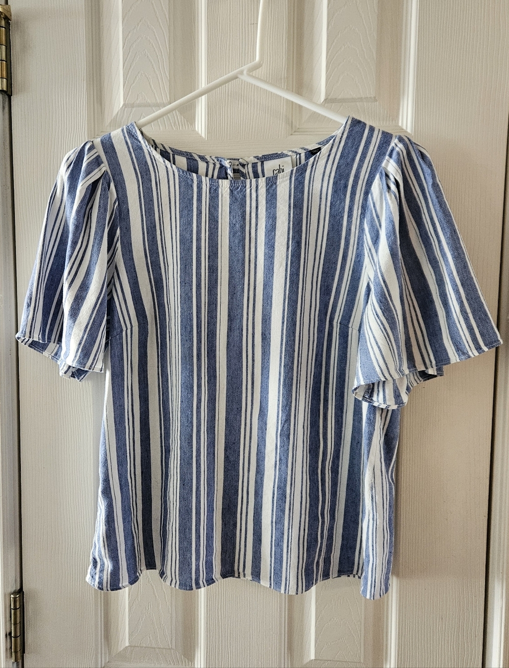 CAbi Blue & White Stripe Flutter Sleeve Blouse, EC, Linen Blend, Sz S